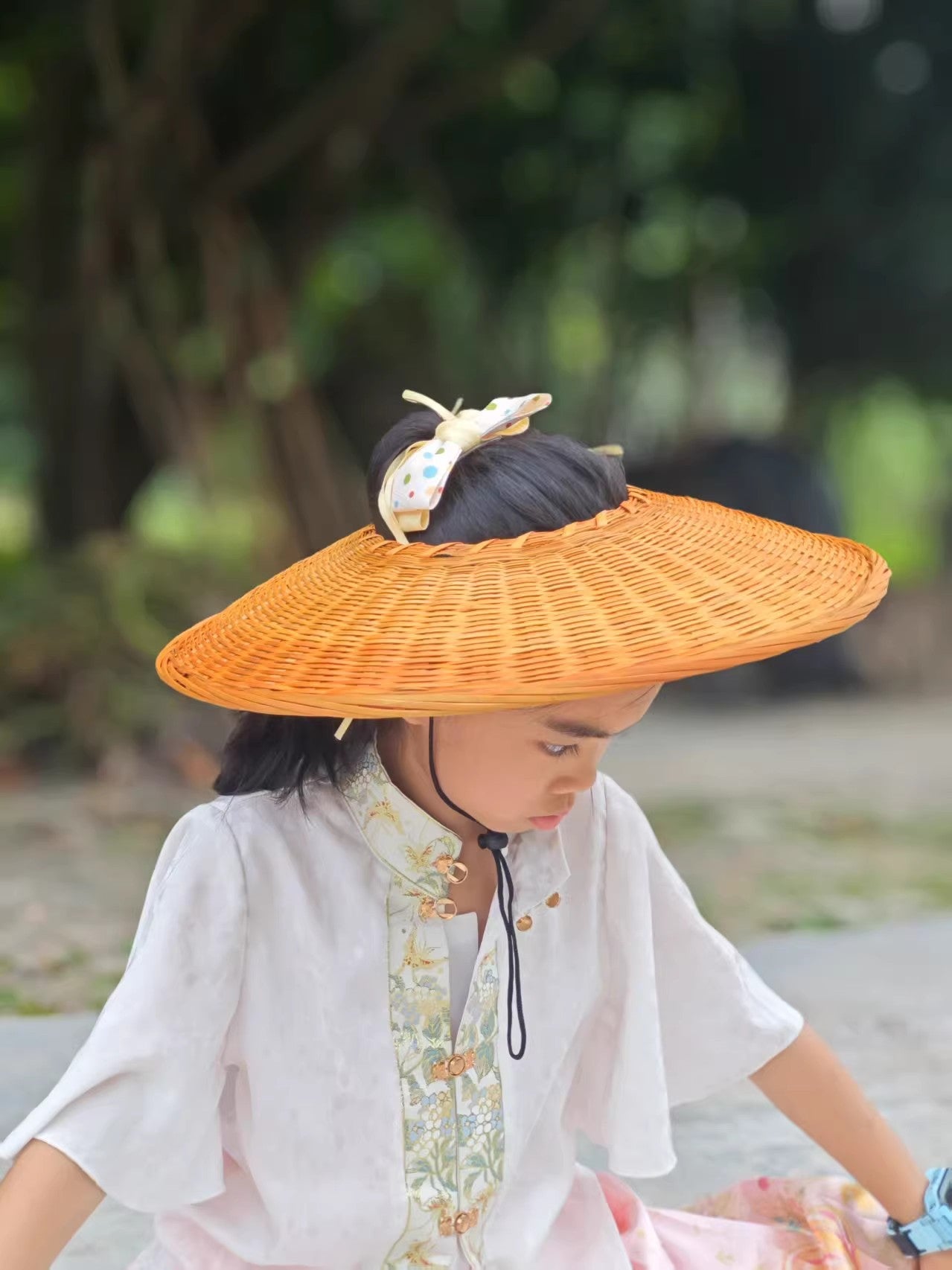 Handwoven Bamboo Hat, Ancient Style Prop Hat, Vintage Finished with Chin Strap